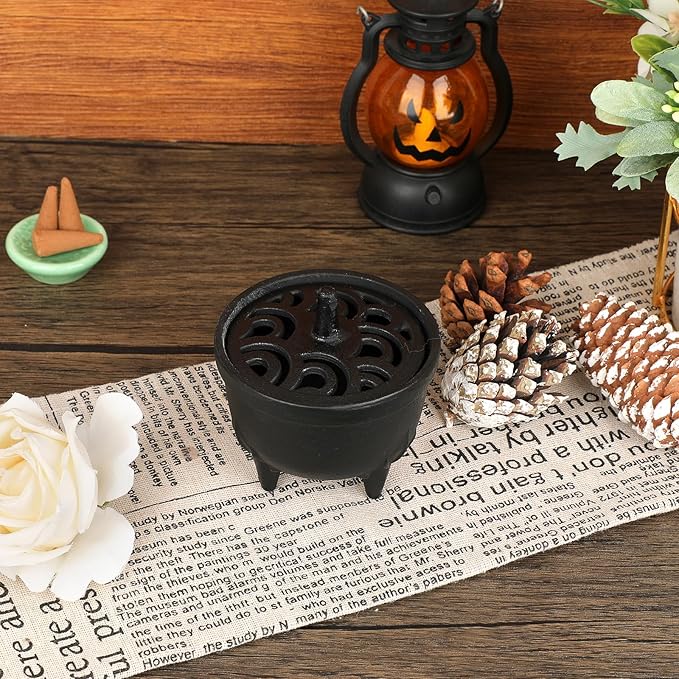 JUXYES Vintage Tripod Incense Burner Holder with Lid, Cast Iron Incense Holder Metal Cauldron Censer Antique Cone Coil Incense Burner Holder for Incense Resins, Cones, Charcoal or Wax Melts - Bloomnest
