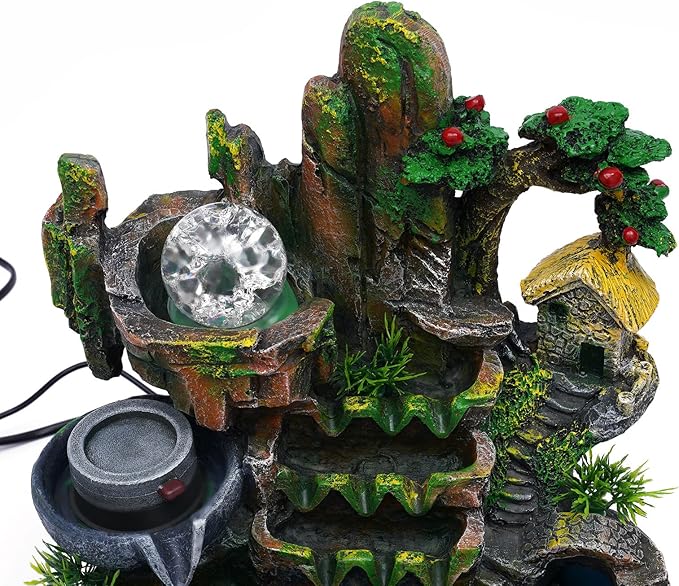 110V Indoor Relaxation Desktop Fountain Waterfall with Rockery & LED Colorful Lights Indoor Relaxation Resin Ornament, Small Tabletop Decor Fountain Rockery for Office, Home, Bedroom Desk Decoration
