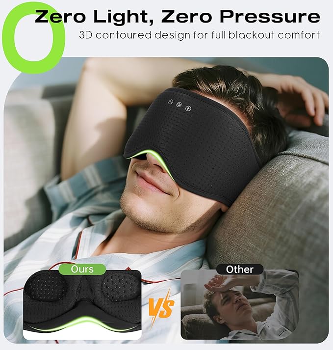 MUSICOZY Sleep Headphones with Bluetooth 5.4 Sleep Mask, Removable 3D Eye Cups for Zero Pressure Comfort, Wireless Bluetooth Eye Mask for Sleeping with Timer - Bloomnest