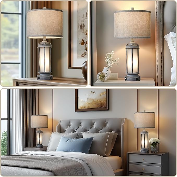 Rustic Table Lamp for Bedroom Living Room with 2 USB Ports, Farmhouse Vintage Nightstand Lamp 25'' with Light Green Glass Nightlight, Antique Retro Desk Lamp for Entryway, 2 Bulbs Included - Bloomnest