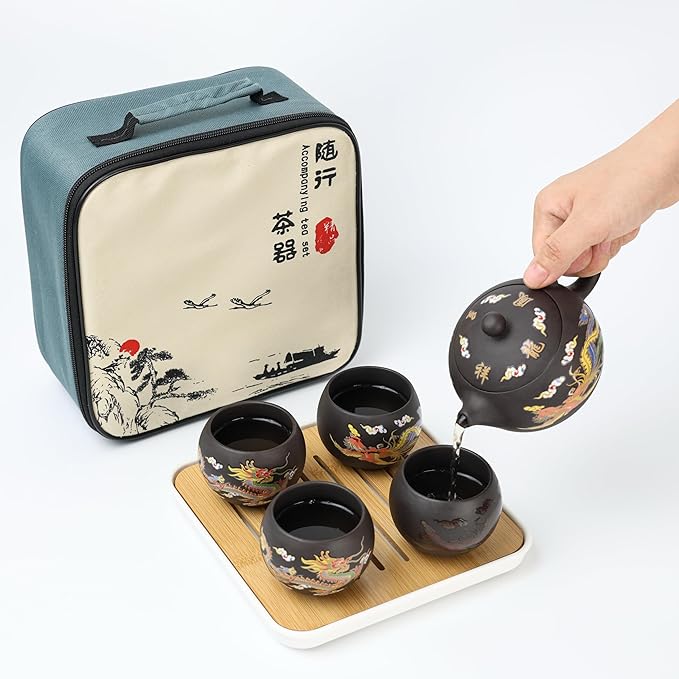 Hand-made Dragon and Phoenix Color-changing Purple Clay Teapot – Chinese Kung Fu Tea Set, Tea Lover’s Gift, Large Capacity (Travel Bag Set) - Bloomnest