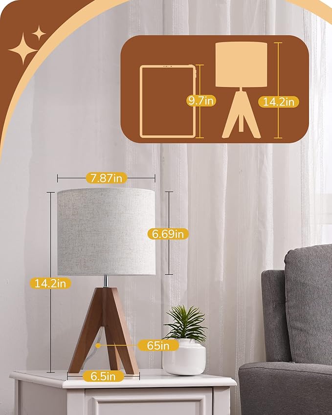 EDISHINE Tripod Table Lamp, Small Cute Bedside Lamp with Linen Beige Lampshade, Nightstand Lamp for Nursery, Bedroom, Kid Room, Living Room, Light Brown Wooden Base, E26 Socket, 14.2 Inch - Bloomnest
