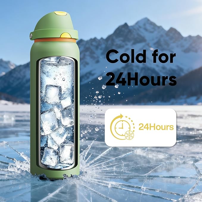 Insulated Water Bottle with Straw - Encool Stainless Steel Water Bottle with Push Button Lid, Leak-Proof & BPA-Free, Keeps Cold for 24 Hours for Sports, Travel, Gym (40 oz, Lichen-Yellow) ENCOOL