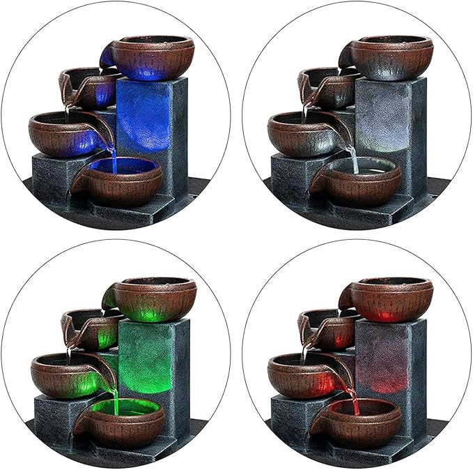 Small Indoor Relaxation Tabletop Fountain, Zen Meditation Waterfall Feature with Color LED Light & Natural Rocks, 4 Level Desk Waterfall for Home Office Bedroom Living Room Decoration (Pump) - Bloomnest