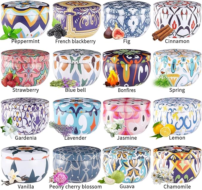 Scented Soy Wax Travel Tin Jar Candles - 2.5 OZ Gifts for Home, Mom - Christmas, Birthday, Thanksgiving, Mother's Day - 16 Pack - Bloomnest