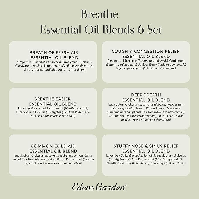 Edens Garden Essential Oils Breathe 6 Set – 100% Pure Therapeutic Grade, Natural Aromatherapy Blends for Sinus Relief, Stuffy Nose & Respiratory Support – Undiluted for Diffusers, 10 ml/ 6 Pack - Bloomnest