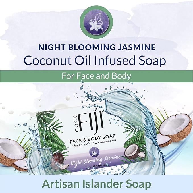 "Coco Fiji Soap Bar for Face and Body Infused With Organic Coconut Oil, Night Blooming Jasmine Essential Oil, Natural Soap for Moisturizing & Pore Purifying Skin, 7 oz, Pack Of 3 " - Bloomnest