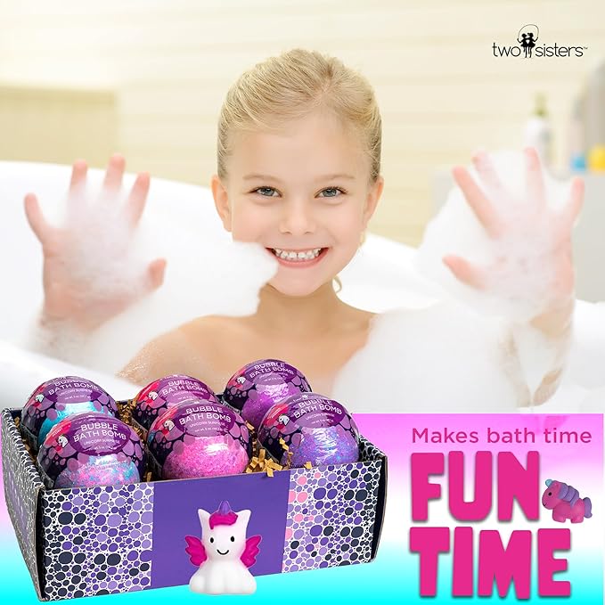 Unicorn Bath Bombs for Girls with Surprise Toys Inside (6 Pack) - Large Bubble Bomb for Kids, Gentle and Safe, Made in USA, Fizzies, Fruity Scents, Won't Stain Tub - Ideal Gift by Two Sisters - Bloomnest