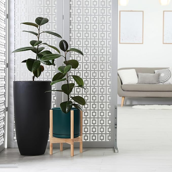 D'vine Dev Ceramic Planter with Natural Stand - 10 Inch Modern Round Flower Pot with Wood Planter Holder, Teal, 55-B-K-4 - Bloomnest