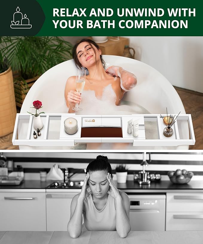 ROYAL CRAFT WOOD Premium Foldable Bathtub Tray - Wood Bath Tray for Tub, Bamboo Shelf, Expandable Bath Table Trays, Bathtub & Bathroom Accessories for New Home & Mothers Day & Birthday Gifts for Mom - Bloomnest