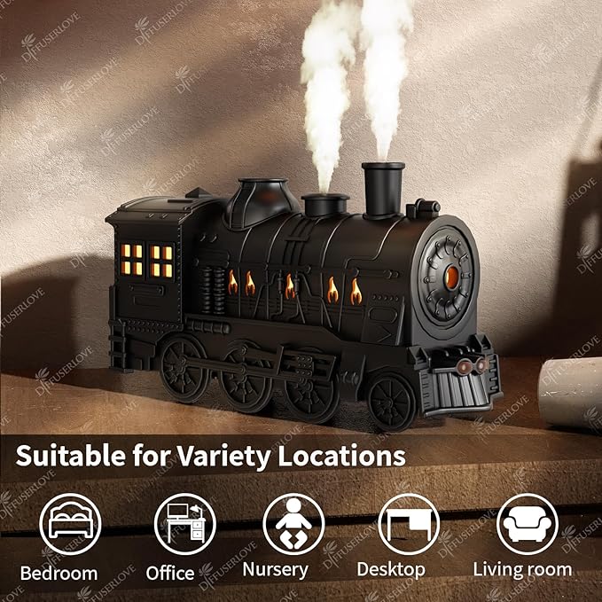 Diffuserlove Train Diffuser 300ML Essential Oil Diffuser Cool Mist Humidifier Aroma Diffuser with Night Light for Bedroom Desk Black - Bloomnest
