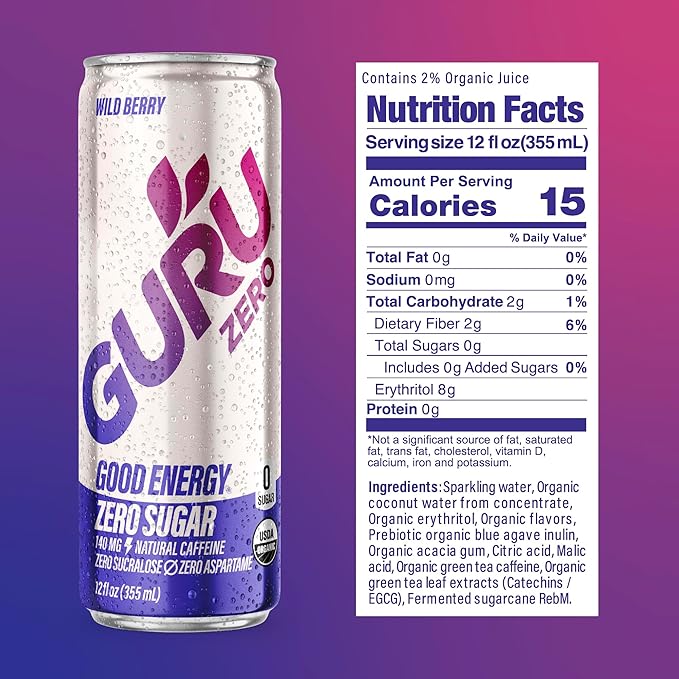 GURU ZERO SUGAR Wild Berry Organic Energy Drink with Plant Based Natural Caffeine from Green Tea, Coconut Water, Prebiotic, Zero Added Sugars, Gluten Free & Vegan, Pre Workout, 140MG Caffeine, 12 Oz (Pack of 24) - Bloomnest