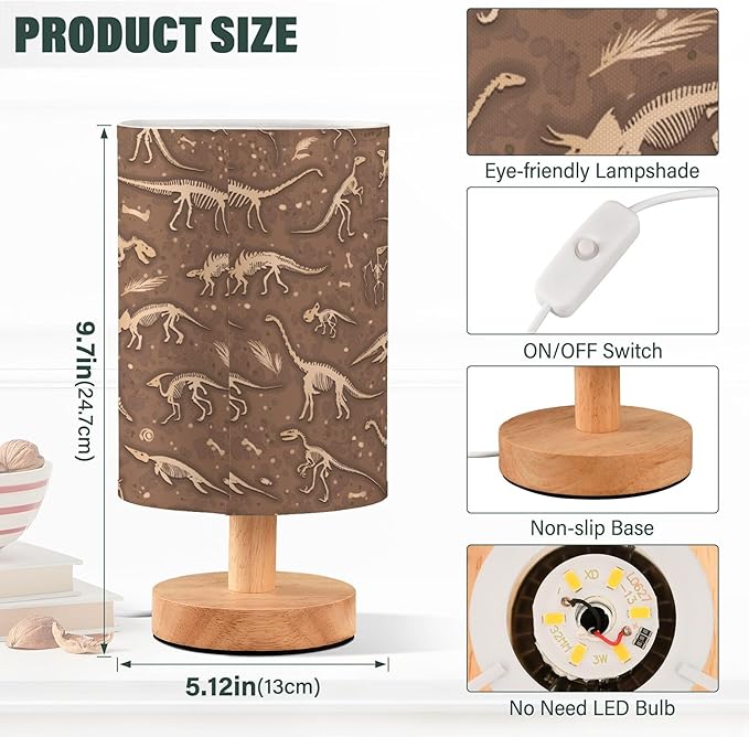 Table Lamp Dinosaur Fossil Dino Skeletons Pattern Nightstand Lamp with Wood Base Fabric Lamp Shade Bedside Desk Lamp for Living Room Bedroom Kids Room Office - Bloomnest
