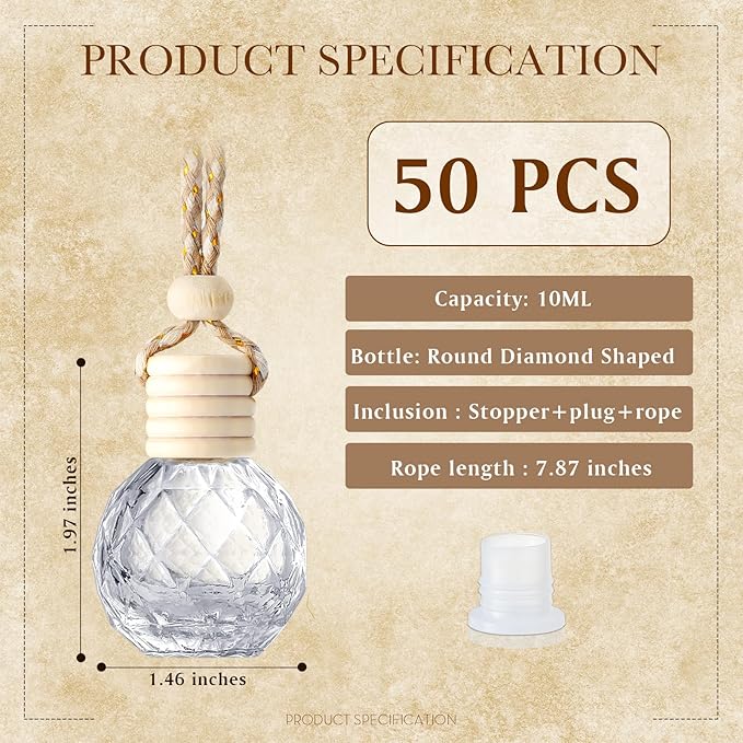BBTO 50 Pcs Hanging Car Air Freshener Car Diffuser Bottles Empty Glass Perfume Bottle Freshener Diffuser Bottle Pendant for Essential Oil Fragrance Aromatherapy Bottle Ornament(Round Diamond) - Bloomnest