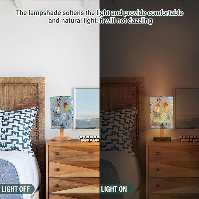 Table Lamp Pirate Marine Animal Octopus Whale Fish Nautical Skull Nightstand Lamp with Wood Base Fabric Lamp Shade Bedside Desk Lamp for Living Room Bedroom Kids Room Office - Bloomnest