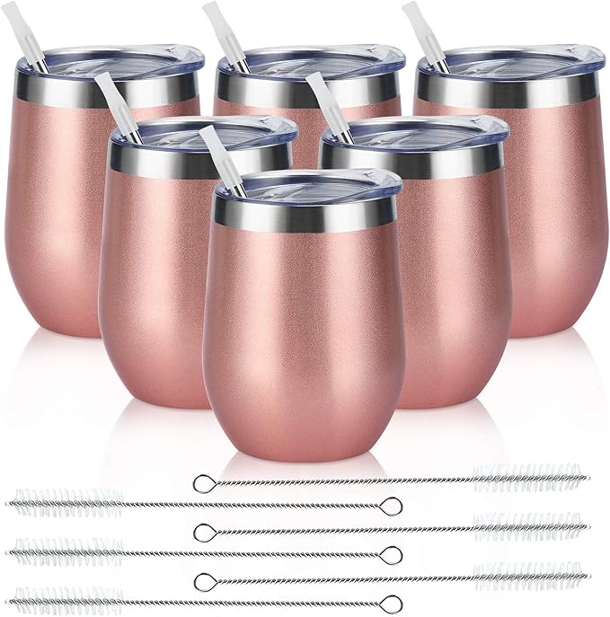 6 Pack Stainless Steel Wine Tumblers, 12Oz Insulated Wine Tumbler, Double Wall Insulated Wine Glass, Stainless Steel Stemless Wine Cups with Lids for Coffee, Wine, Cocktails, Champaign, Rose Gold… - Bloomnest