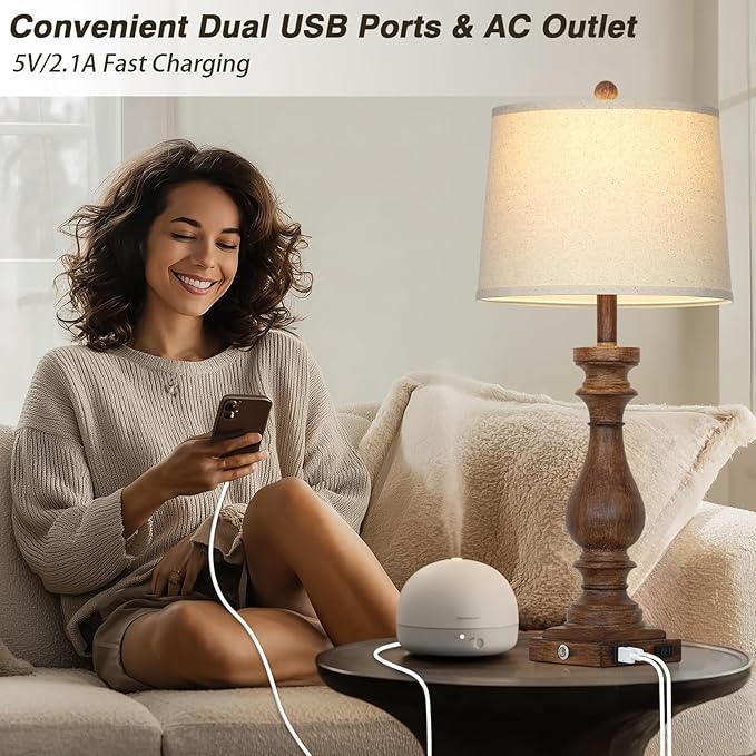 29" Tall Farmhouse Table Lamp for Living Room Set of 2,Vintage Retro Nightstand Lamps with USB C+A Ports & AC Outlet,3-Way Dimmable Touch Bedside Lamp for Bedroom Side Table,Brown - Bloomnest
