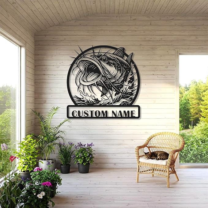 Personalized Catfish Metal Sign – Custom Name Fishing Wall Art – Iron Decoration for Cabins, Lake Houses, Man Caves, and Outdoor Spaces (Catfish-3) - Bloomnest