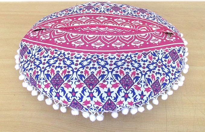INDIAN CRAFT CASTLE 24" Pink Ombre Mandala Barmeri Large Floor Pillow Cover Cushion Meditation Seating Ottoman Throw Cover Hippie Decorative Zipped Bohemian Pouf Ottoman Pom Pom Cases 24" Round - Bloomnest