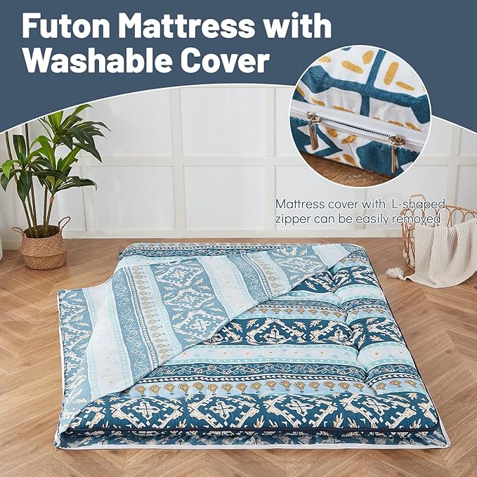 Japanese Floor Mattress, Futon Mattress with Storage Bag and Washable Cover, Roll Up Tatami Mat Suitable for Guest Room (Blue Striped Jacquard, Queen) - Bloomnest