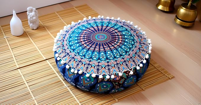 INDIAN CRAFT CASTLE ICC Mandala Barmeri Large Floor Pillow Cover Cushion Meditation Seating Ottoman Throw Cover Hippie Decorative Zipped Bohemian Pouf Ottoman Cases Blue Peacock 18" Round - Bloomnest