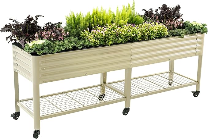 Rolling Elevated Raised Garden Bed-V Series, 2' x 8' Garden Beds with Legs & Storage Rack for Patio & Porch, 1400 Lbs Weight Capacity, Outdoor Planter Box for Vegetables Flower Herbs, Pearl White - Bloomnest