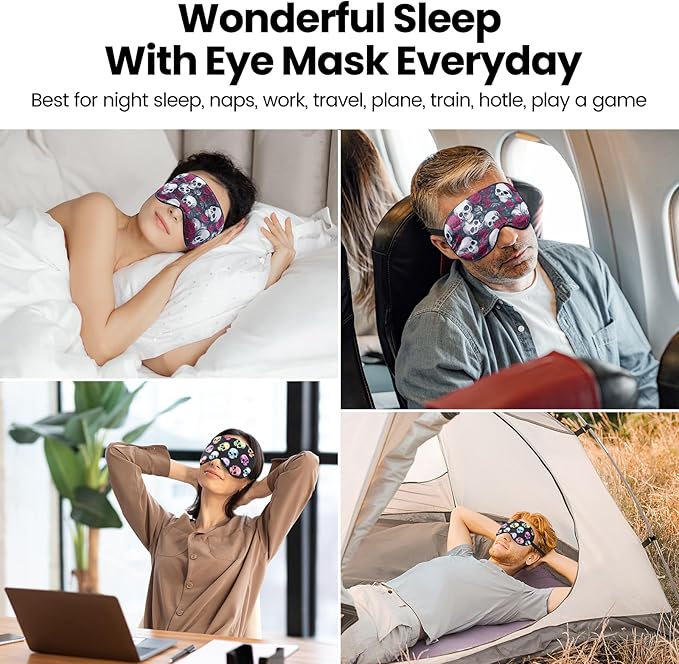 2 Pcs Human Skulls Sleep Halloween Mask for Women Men, Funny Silk Eye Covers for Sleeping, Adjustable Strap & Light Blocking Design, Adult Children's Bedtime Blindfold for Travel and Home Use (Skull) - Bloomnest