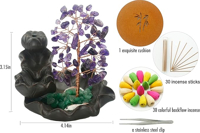 Ceramic Waterfall Incense Burner, Money Tree Backflow Holder Healing Crystal Stone, with 30 Cones + Stick for Yoga Meditation Home Zen Decoration(Amethyst) - Bloomnest