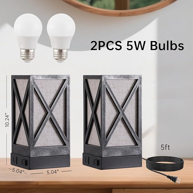 Table Lamp, Set of 2 Rustic Farmhouse Nightstand Lamps, 3 Color Temperatures Desk Lamp with USB Charging Ports AC Outlet Vintage Lamp for Living Room Bed Room, Pewter - Bloomnest