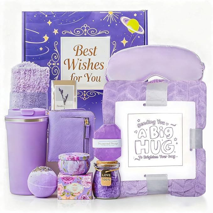 Gift Basket for Women, Birthday Gifts for Women Self Care Gifts Get Well Soon Gifts, Flannel Blanket,Tumbler, Relaxing Spa Gifts for Mom Best Friend Wife Girlfriend Sister Her (Purple)