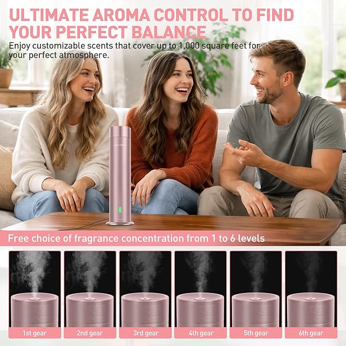 Waterless Scent Diffuser Starter Kit - 1000 Sq Ft Coverage, Hotel Scent Diffuser, Essential Oil Diffuser Large Room, Included 5 Scent Oils, Remote Control, Rosepink - Bloomnest