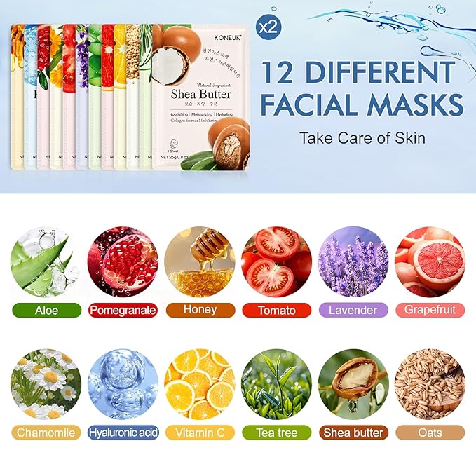 24 Pack Sheet Face Masks Skincare for Women, Hydrating Collagen Essence Face Masks Suitable for All Skin Types, Face Mask Gifts Set for Spa Party, Bulk Facial Masks for Women Skin Care - Bloomnest