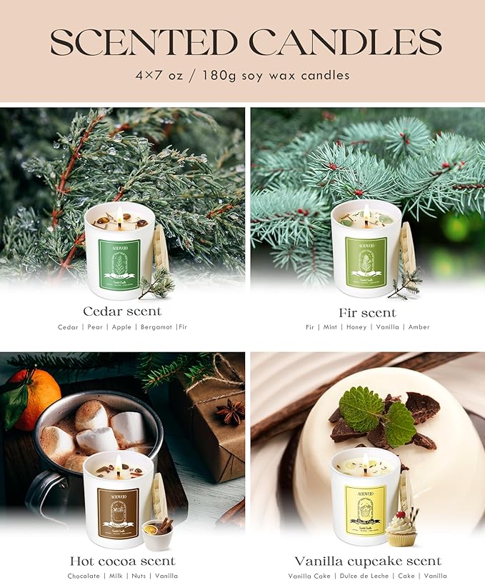 AOOVOO Winter Candles Set for Women - 4 Pack Candles for Home Scented, Aromatherapy Candle with Crystals, 28 oz 200 Hour Long Lasting Candle, Winter Fragrance of Cedar, Fir, Hot Cocoa, Vanilla Cake - Bloomnest