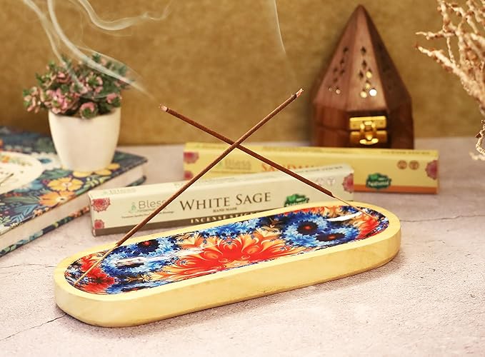 Bless-International Traditional-Handmade-Tray-Burner Wooden-Trat-Incense-Stick-Holder Ash-Catcher-Stand for-Aromatherapy-Meditation-Yoga (Abstract Flowers, 11x4x1.22 Inches) - Bloomnest