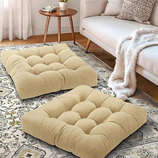 Floor Pillow Cushions for Adults Sitting Large Big Pillows for Floor Seating Square Memory Foam Thick Tufted, 22 x 22 Inch, Set of 2, Natural Linen - Bloomnest