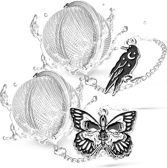 2 Pack Halloween Themed Tea Infuser - Gothic Loose Leaf Tea Steeper with Black Raven & Skull Butterfly Charm, 304 Stainless Steel, Perfect Spooky Tea Gift