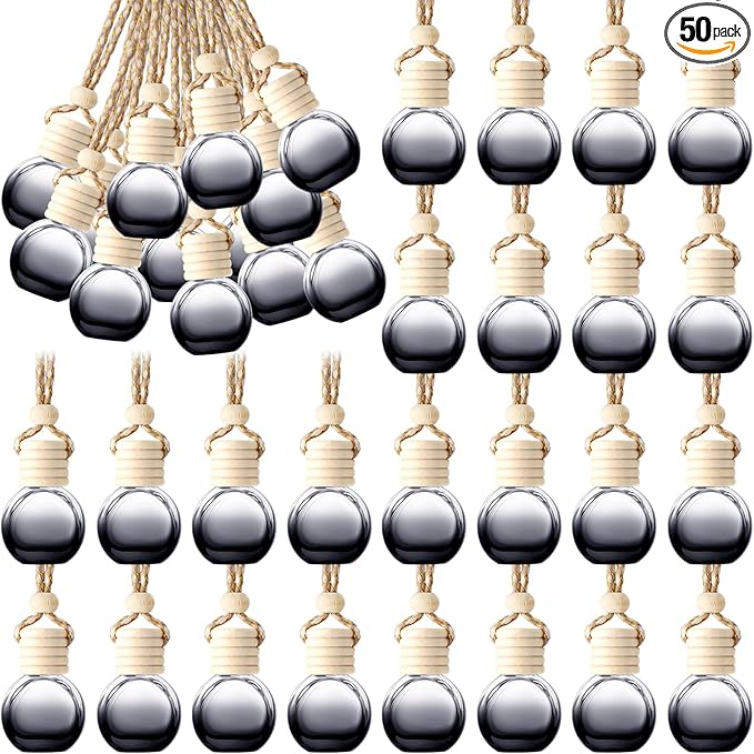 50 Pcs Hanging Car Air Freshener Black Car Diffuser Bottles Empty Glass Perfume Bottles Air Freshener Diffuser Bottle Pendant for Essential Oils Fragrance Aromatherapy Bottle Ornament (Round) - Bloomnest