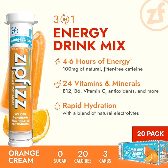 Zipfizz Daily Energy Drink Powder, Orange Cream, 20 Pack | 3-in-1 Sustained Energy, Rapid Hydration, and Essential Vitamins | Sugar-Free | Electrolyte Powder | Contains Vitamin B-12 & Antioxidants - Bloomnest