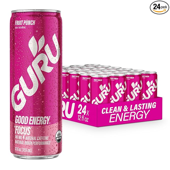 GURU Fruit Punch Organic Energy Drinks, Clean Energy Drink with Plant Based Natural Caffeine from Green Tea + Focus with L Theanine, Gluten Free and Vegan, 140MG Caffeine, 12oz (Pack of 24) - Bloomnest
