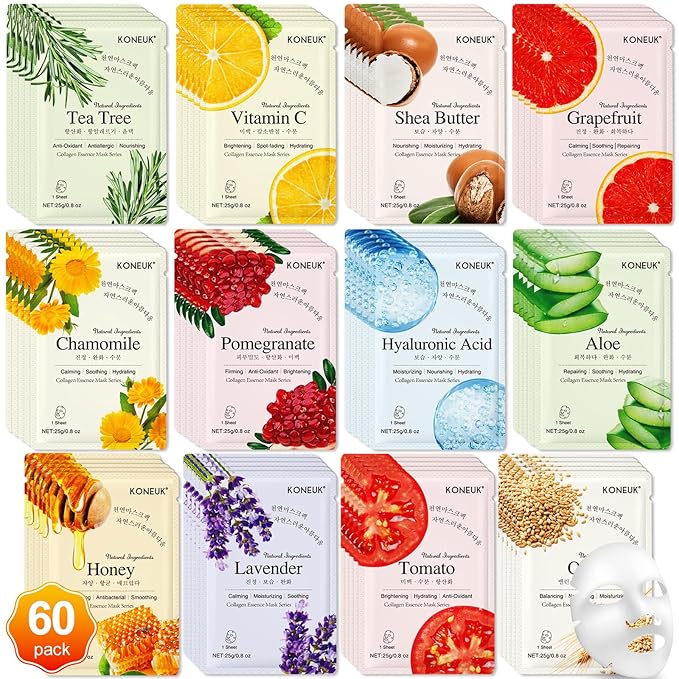 60 Pack Collagen Essence Face Masks Skincare for Women, Hydrating Sheet Face Masks Suitable for Dry and Sensitive Skin, Bulk Facial Masks for Women Skin Care, Face Mask Gifts Set for Spa Party - Bloomnest
