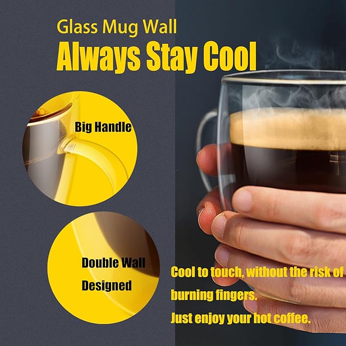 PunPun 17OZ. 500ml Clear Coffee Mugs, Glass for Coffee, Double Wall Insulated Glass Mugs with Big Handle, Every Day for Americano, Latte, Cappuccinos and Beverage.Set of 4 - Bloomnest