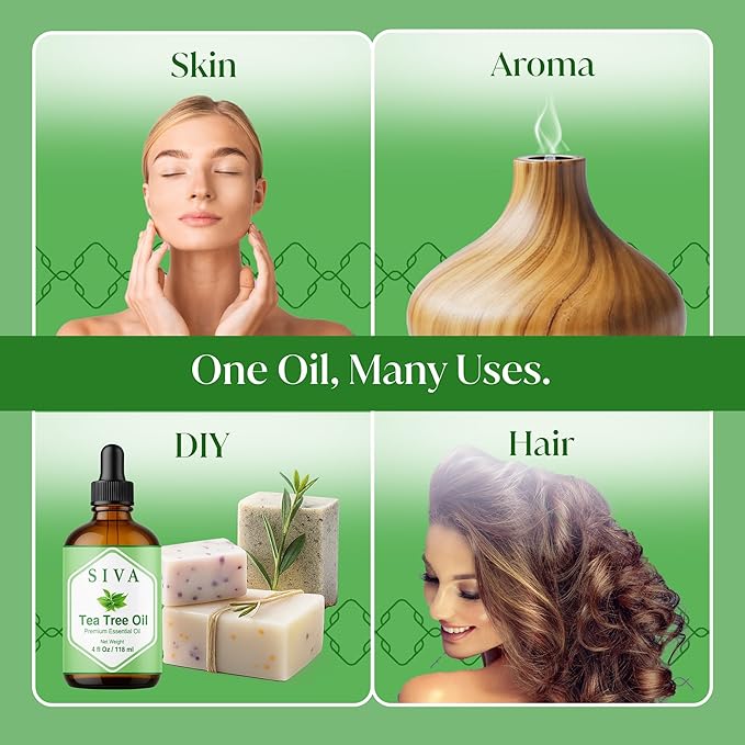 Siva Tea Tree Essential Oil - 4 Fl Oz – 100% Natural Tea Tree Oil - for Diffuser, Face, Skin Care, Aromatherapy, Hair Care, Scalp and Body Massage - with Dropper - Bloomnest