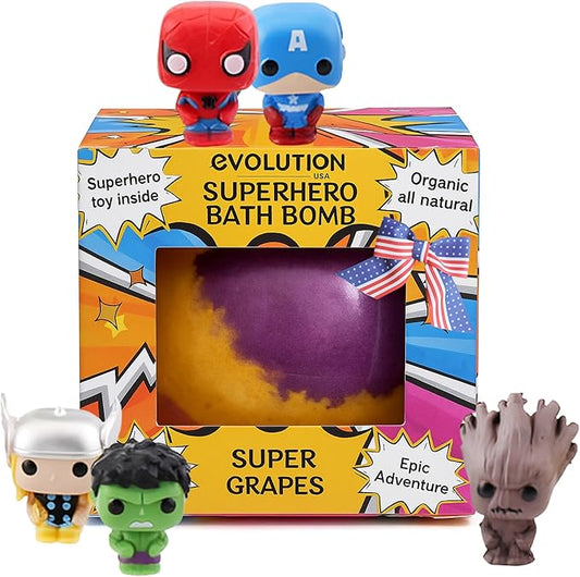 EvolutionUSA 1pc Epic Superhero Bath Bombs for Kids, Super Hero Bath Bomb with Toy Inside, Lush Childrens Bathbomb, Organic Bathbomb with Surprise Inside, Fizzy Fun Superhero Bath Ball Bath Toy - Bloomnest