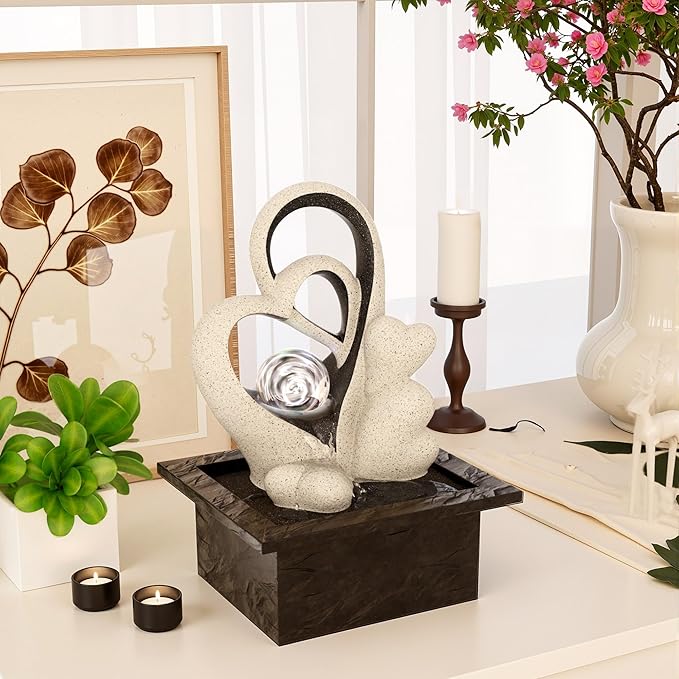 Tabletop Water Fountain, Indoor Desktop Waterfall, Zen Meditation Fountain with LED Lights Rolling Ball, Home Office Decor White - Bloomnest