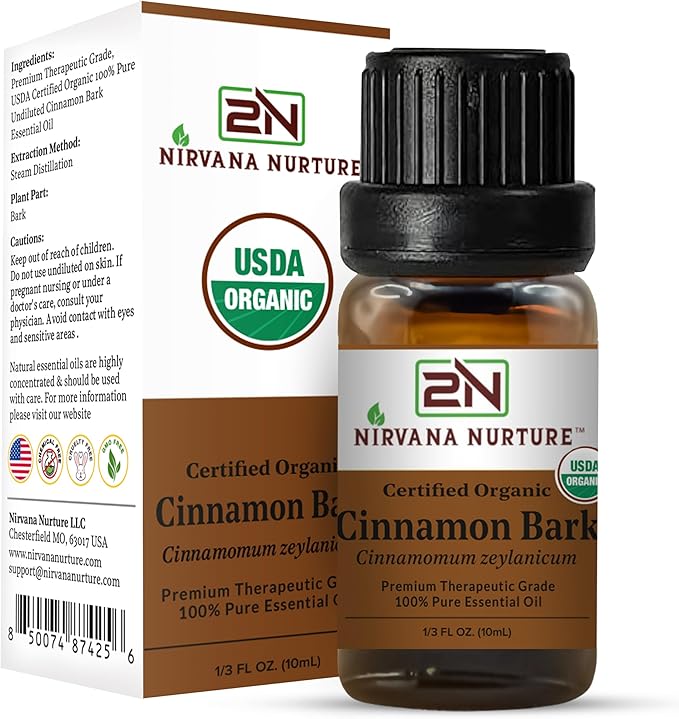 Cinnamon Bark Essential Oil, USDA Certified Organic, 100% Pure Undiluted, Aromatherapy Oil for Diffuser, Hair & Skin Care NirvanaNurture