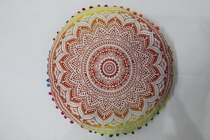 CRAFT KALA 32" Large Round Bohemian Floor Pillow Pouf Cover Mandala Meditation Room Pillow Cover for Adults Boho Seating Poufs Cushion Cover for Kids Playroom Yellow Orange Ombre - Bloomnest