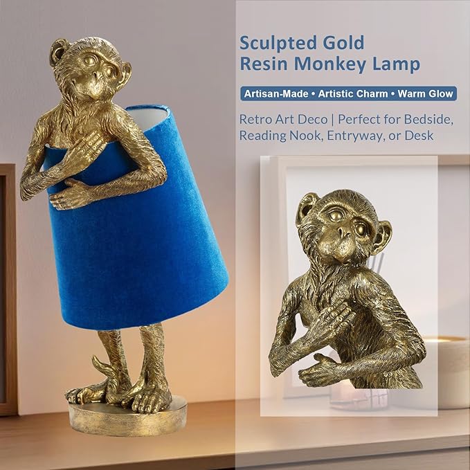 Crestview Collection Monkey Table Lamp – Gold Resin Animal Lamp, Retro Rustic Art Deco Farmhouse Desk Lamp with Blue Velvet Shade for Bedroom, Living Room, Bedside, Nightstand or Small Space - Bloomnest