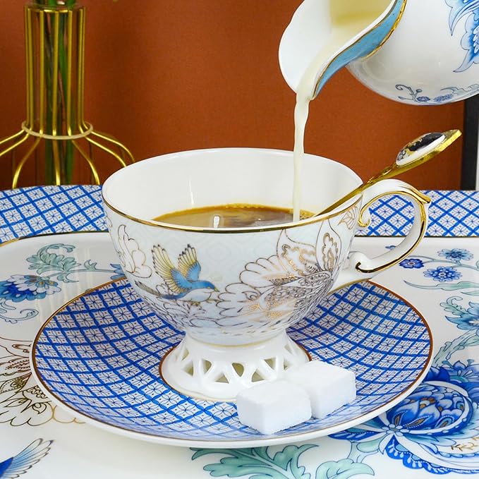 ACMLIFE Bone China Tea Cup and Saucer Set for 1, Vintage Floral Tea Cup with Saucer, Spoon and Gift Box, 6.8 oz (Blue B) - Bloomnest