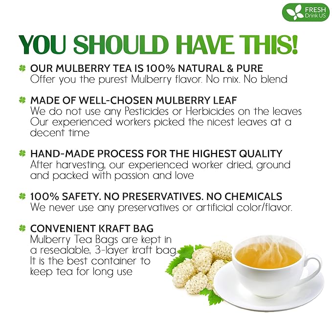 FreshDrinkUS Premium 120 Mulberry Leaf Tea Bags, 100% Natural & Pure. Loose Leaf Herbal Tea. Made with Natural Material Tea Bags. No Sugar, No Caffeine, No Gluten, Vegan - Bloomnest