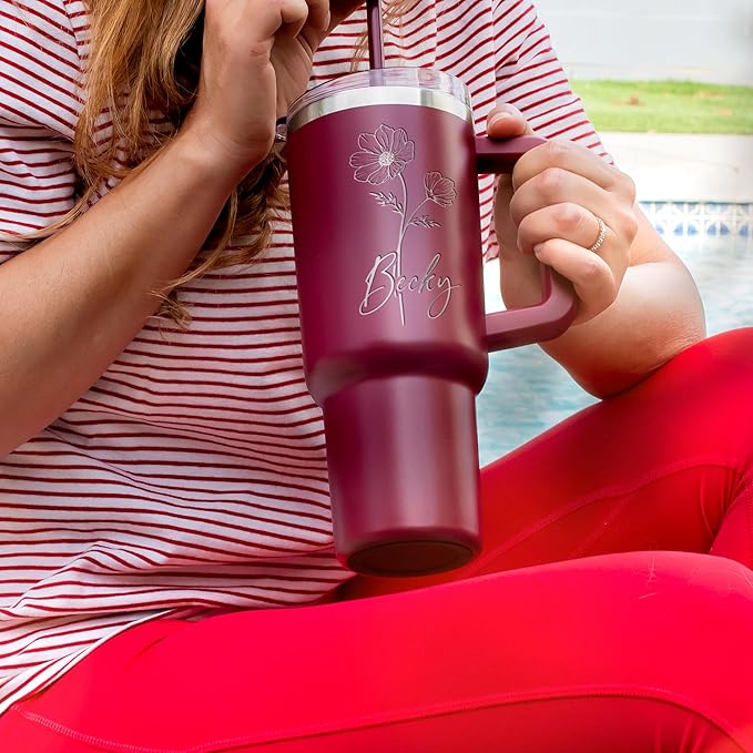 Custom Engraved 40 Oz Tumbler with Handle - Birth Flower and Name Design, Double-Wall Insulated Coffee Cup - Birthday Gifts for Women, Lilac - Bloomnest